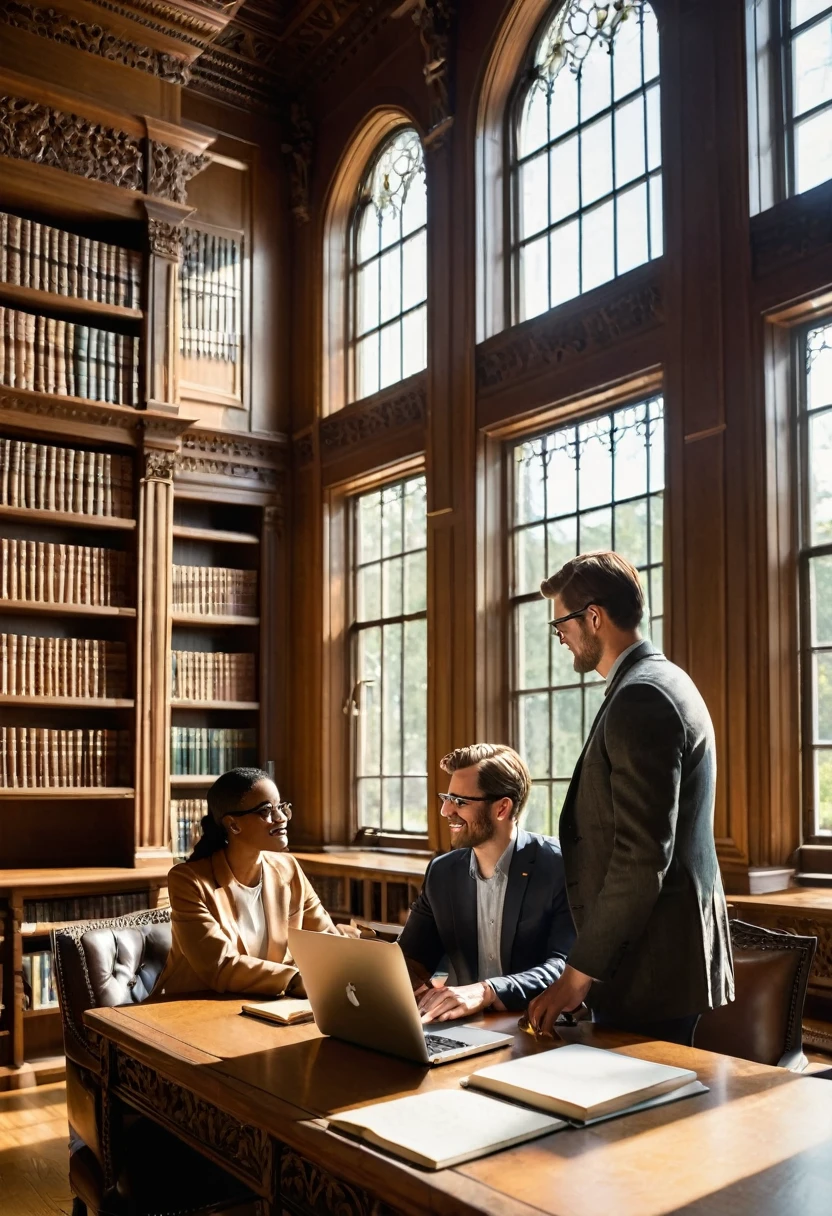 A detailed, academic library interior, an advisor and student collaborating, the advisor pointing at a laptop screen as the student types, large windows with natural sunlight streaming in, detailed wood shelving, ornate architectural details, elegant vintage furniture, a sense of scholarly focus and productivity
