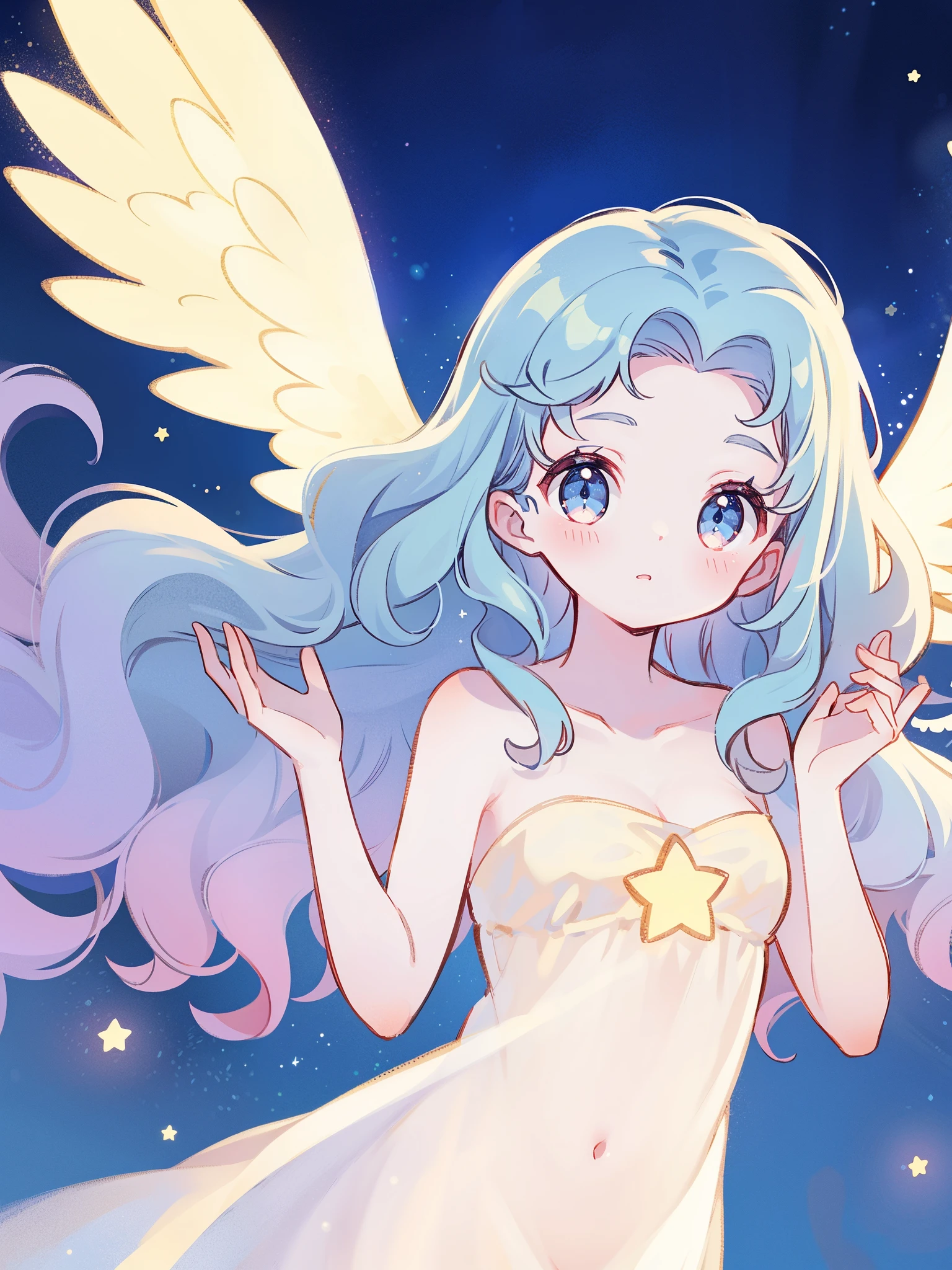 nude angel girl wearing an ethereal translucent dress, pale skin, ((wavy blue hair)), feathers 1:2, stars 1:3, angel wings, sparkling detailed eyes, golden ratio face, perfect composition, highly detailed, ethereal, (starry night sky background), midjourney style