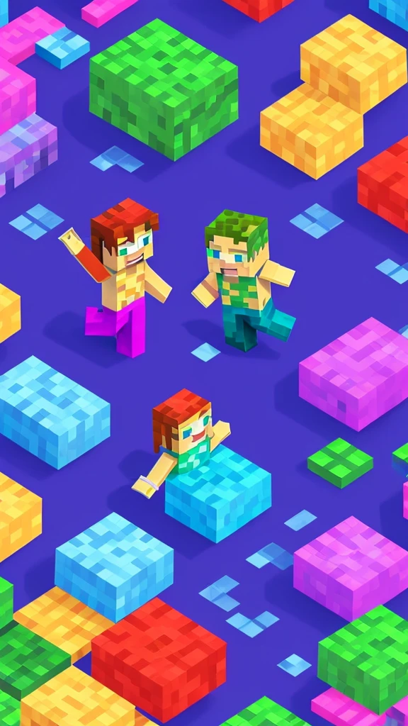 Background with two characters , a mermaid and steve, Minecraft creeper , where an environment comes to light according to those 3 characters but separately , with happy colors , striking and pasteurized tridi, of very good quality and that is for children's taste, but respecting, the division of both characters