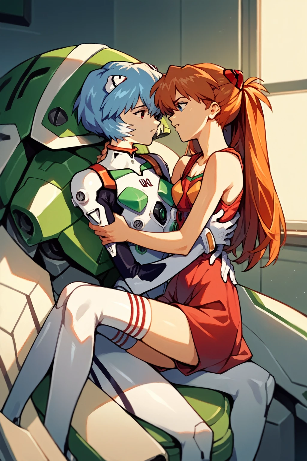 score_9, score_8_up, score_7_up, score_6_up, score_5_up, score_4_up, (source_anime), 2girls, evangellion, asuka langley, rei ayanami, yuri, Inside a mecha