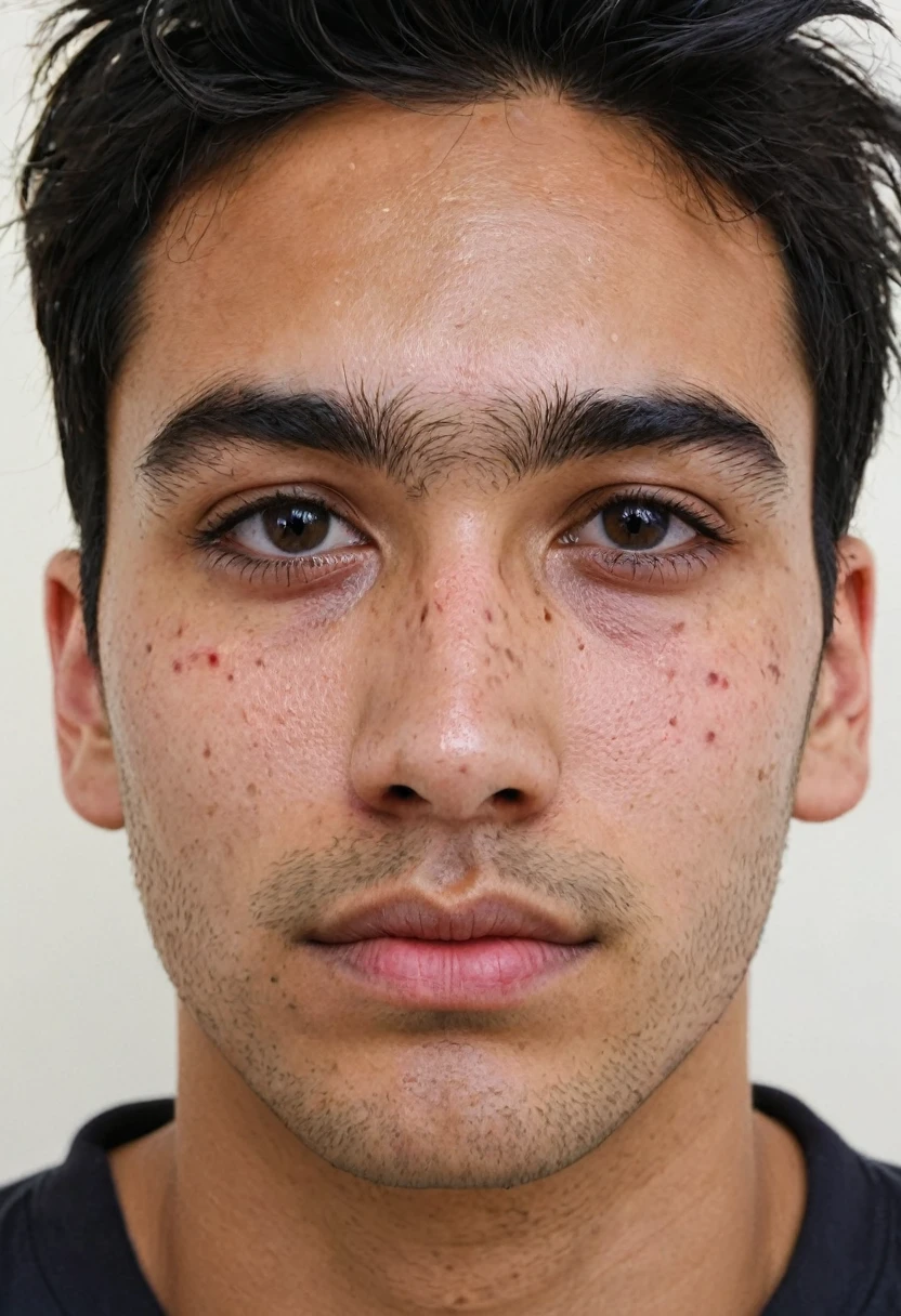 a young man, appearing to be around 25 years old. He has black hair, short and slightly messy at the front, with some strands falling over his forehead. His skin shows signs of dermatological irritation, with visible redness in the forehead area, especially between the eyebrows and nose, as well as red spots on the cheeks and jaw.
His face is symmetrical, with well-defined facial features. He has large, dark eyes, thick, contoured eyebrows, and a straight nose. His lips are medium in size, and he has stubble, indicating that he has not shaved recently.