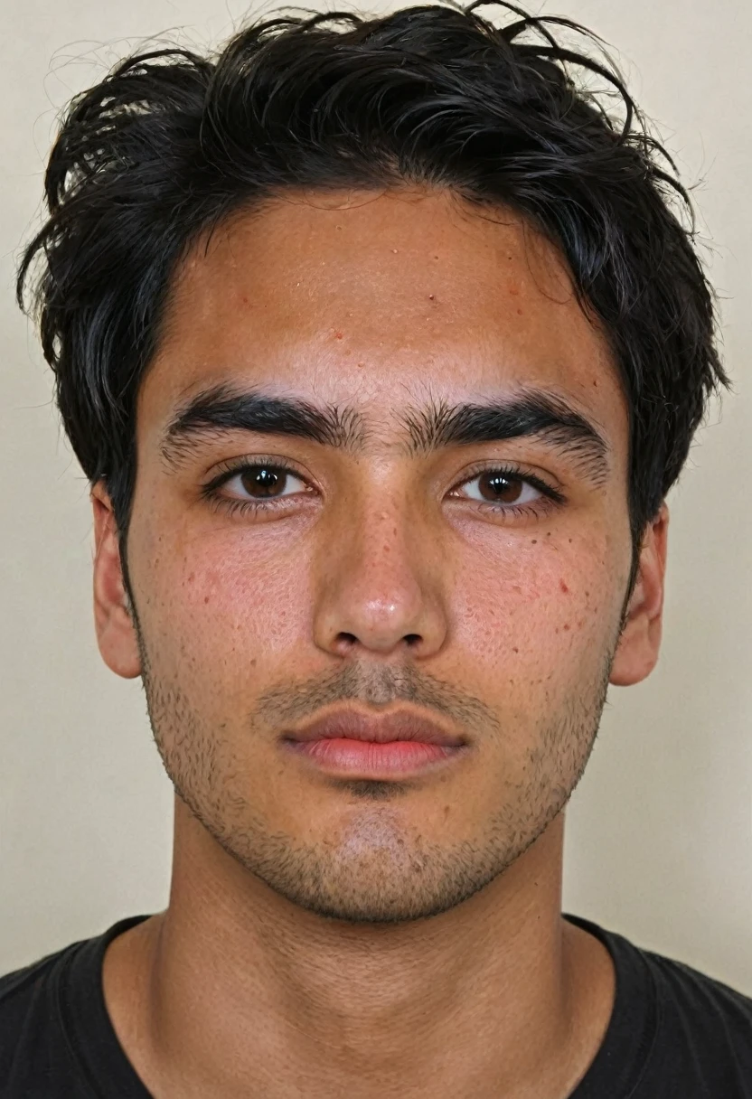 a young man, appearing to be around 25 years old. He has black hair, short and slightly messy at the front, with some strands falling over his forehead. His skin shows signs of dermatological irritation, with visible redness in the forehead area, especially between the eyebrows and nose, as well as red spots on the cheeks and jaw.
His face is symmetrical, with well-defined facial features. He has large, dark eyes, thick, contoured eyebrows, and a straight nose. His lips are medium in size, and he has stubble, indicating that he has not shaved recently.