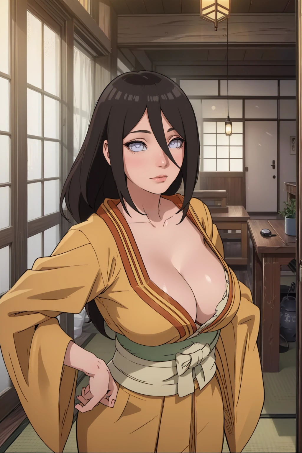 (masterpiece:1.2, best quality:1.2, beautiful, high quality, highres:1.1), detailed, extremely detailed 4K, perfect eyes, perfect face, perfect lighting, (1girl, solo, adult female, mature female), thin, Hanabi Hyuga, big breasts, ((traditional japanese indoor, yellow kimono, slight view of cleavage))