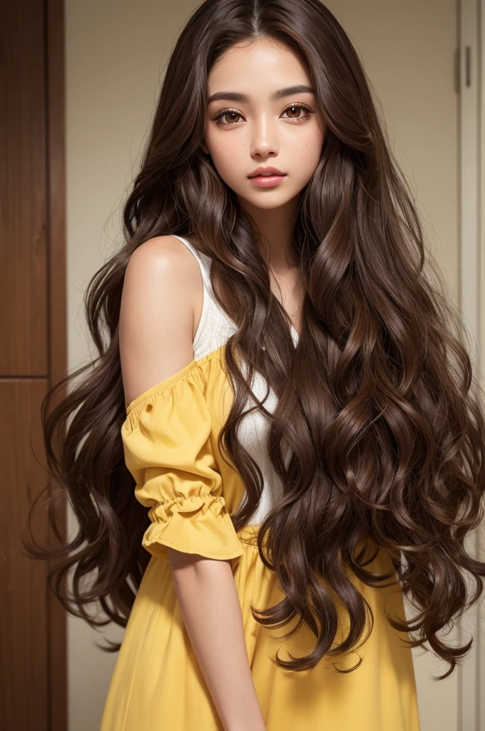  with long dark brown curly hair,chocolate brown eyes, with a yellowish skin color
