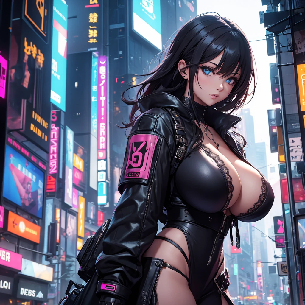 Cyberpunk girl with huge breasts in lace cleavage in the city 