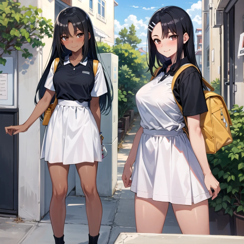 ((best quality)), ((masterpiece)), (details), one girl, sexy ((best quality)), ((masterpiece)), (details), one girl, sexy ((best quality)), ((masterpiece)), (details), one girl, full body, sexy expensive body, expensive, long legs, mature woman, mature, adult, it_nagatoro_main, Hayase Nagatoro, one girl, blushing, alone, uniform polo shirt, short sleeves, black hair, bag, brown eyes, hair accessory, looking at viewer, hair clip, outdoors, backpack, smiling, long hair, dark skinned woman, dark skin, , bangs, daytime, skirt, collared shirt, collarbone, ear clip, mouth closed, tree, asymmetrical bangs, upper body