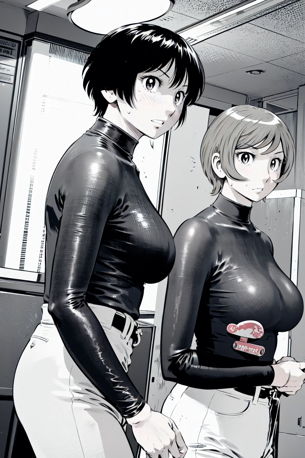 、(masterpiece、Highest quality)、Highest quality, Ultra-high resolution, (((masterpiece))), alone, Sweat、Big eyes,Tight black shirt、Tight white pants、belt、indoor、Composition from the front、(Cut the back hair short、short hair、blonde、woman)、Shortcuts、Embarrassed face、Cut your hair short、可愛いwomanの子、Big Breasts、office