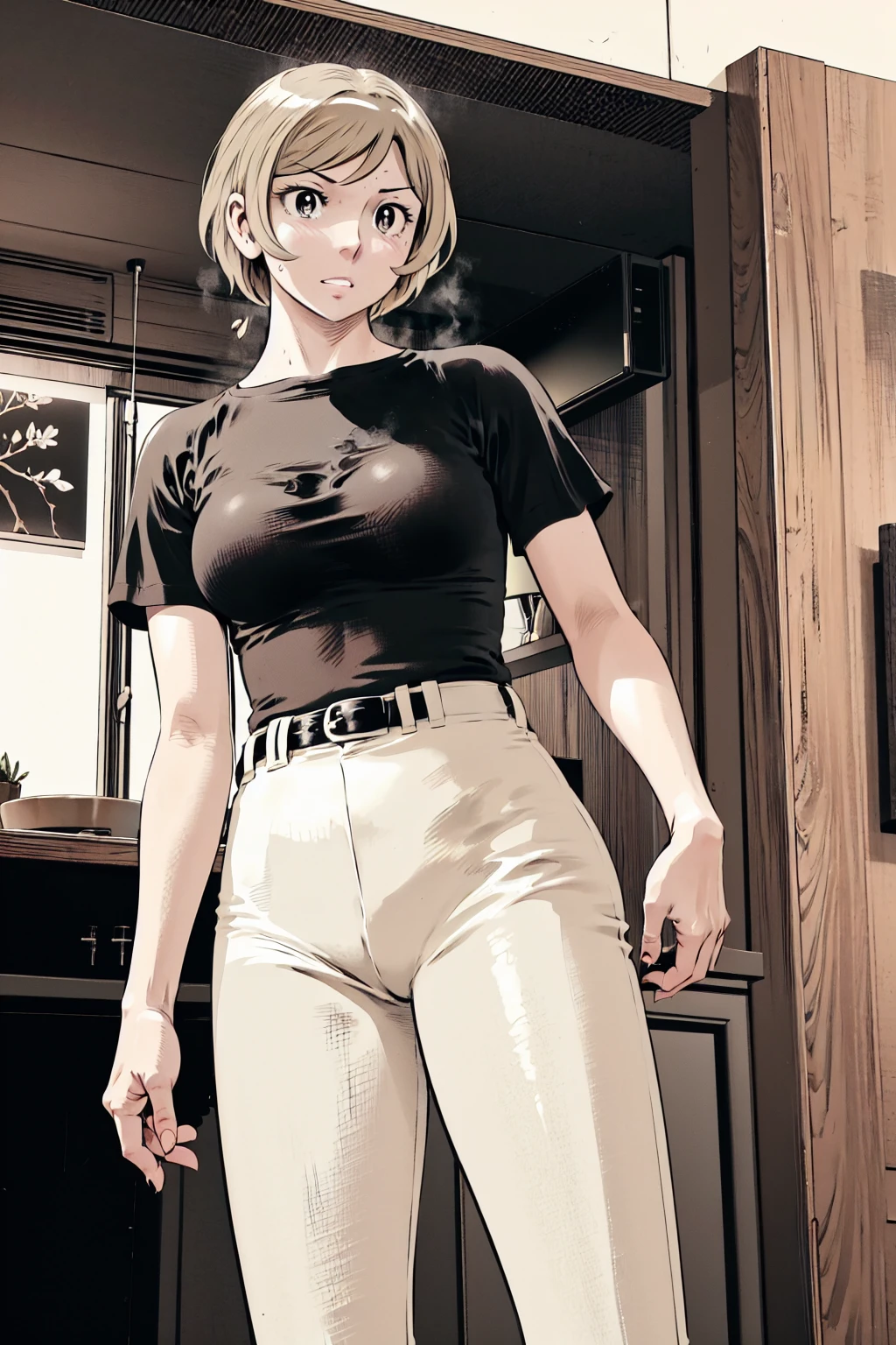 、(masterpiece、Highest quality)、Highest quality, Ultra-high resolution, (((masterpiece))), alone, Sweat、Big eyes,Tight black shirt、Tight white pants、belt、indoor、Composition from the front、(Cut the back hair short、short hair、blonde、woman)、Shortcuts、Embarrassed face、Cut your hair short、可愛いwomanの子、Big Breasts、office