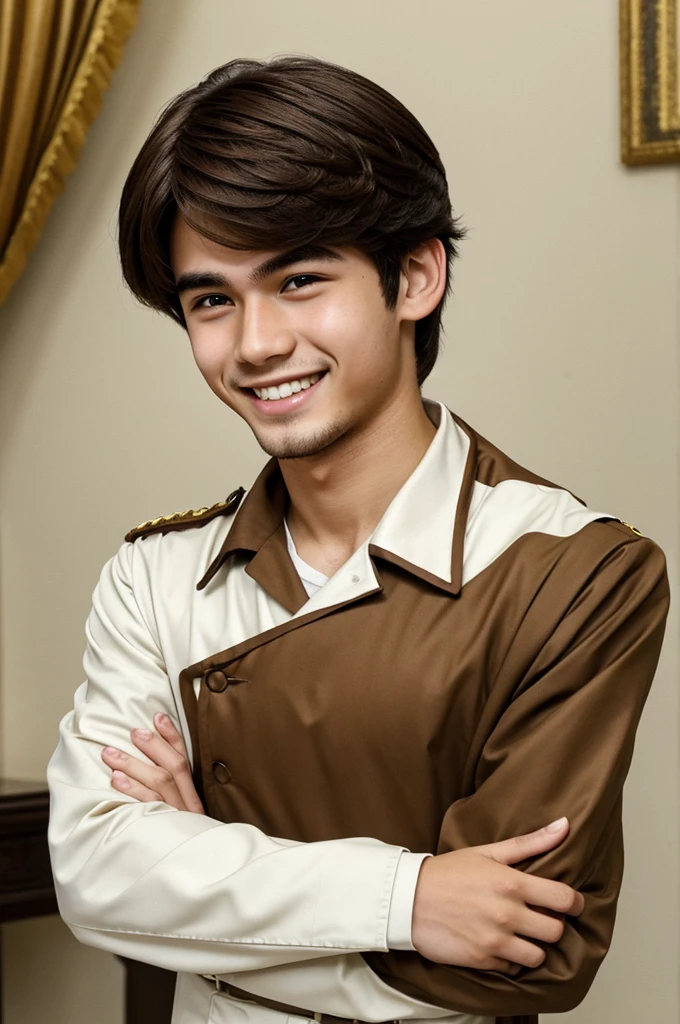 Boy around 20 years old of white appearance with brown anime hair dressed as a dictator with one hand on his face in a crazy pose smiling