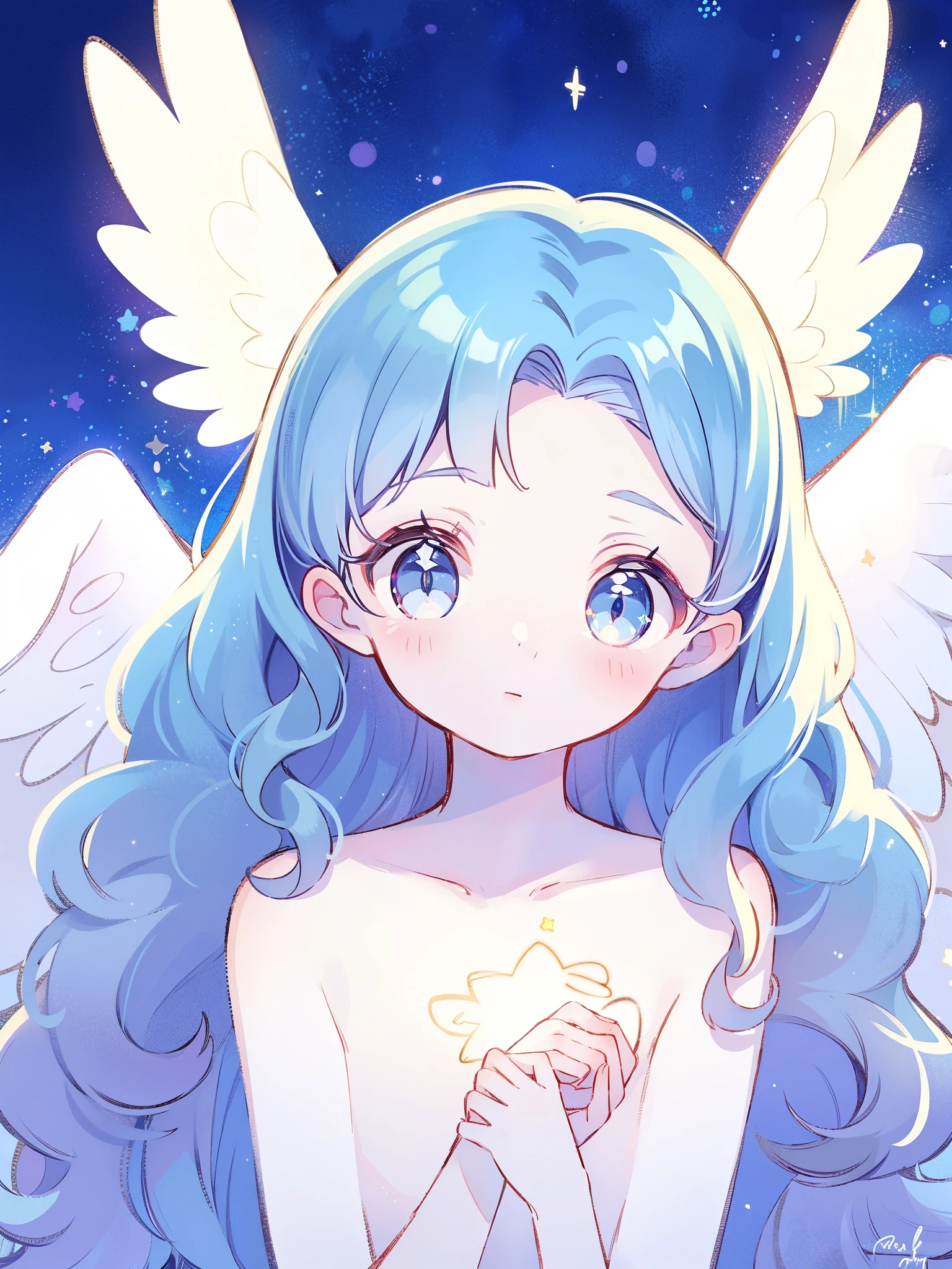 nude angel girl wearing an ethereal translucent dress, pale skin, ((wavy blue hair)), white feathers, angel wings, sparkling detailed eyes, golden ratio face, perfect composition, highly detailed, ethereal, (starry night sky background), midjourney style