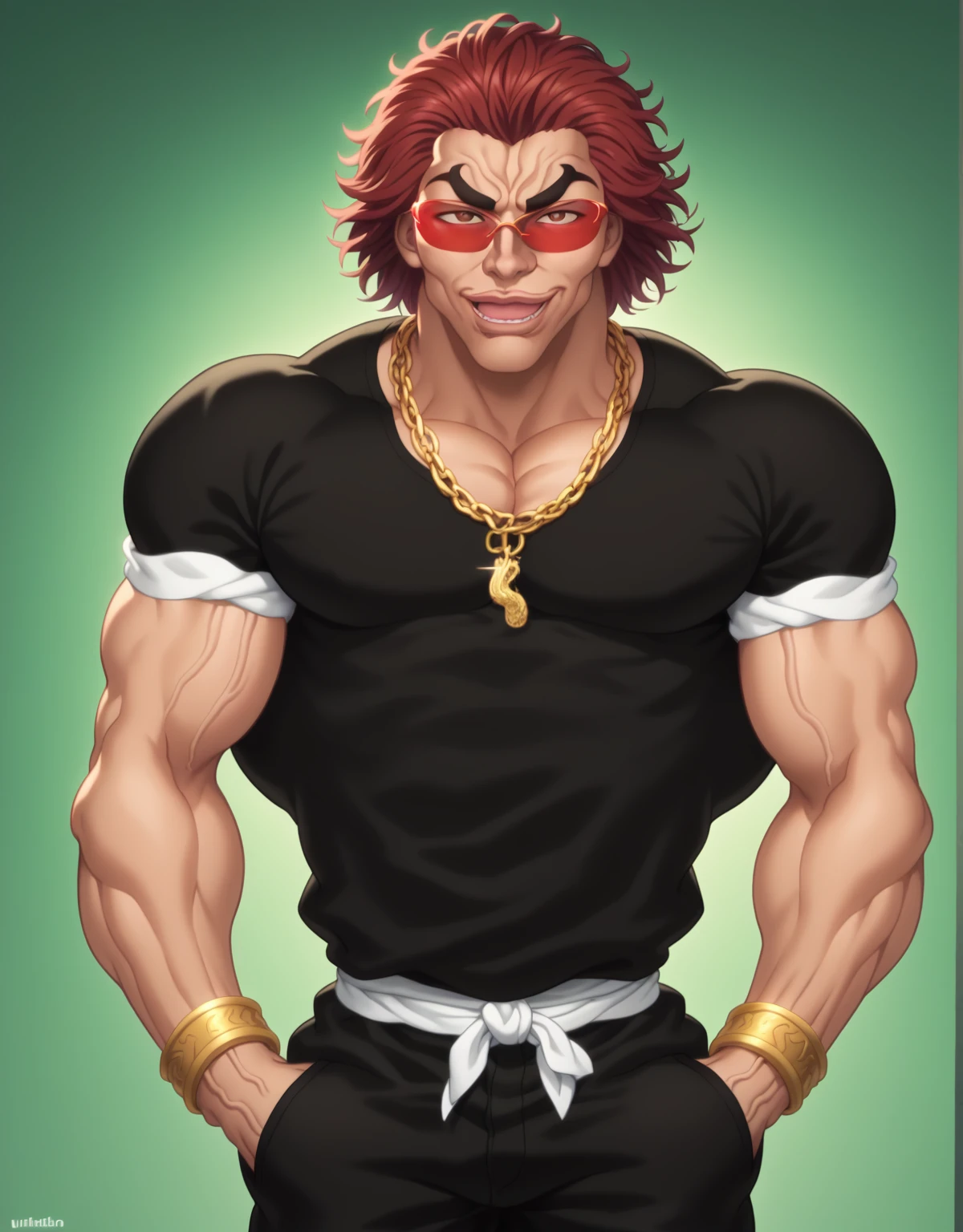 score_9, score_8_up, score_7_up, YujiroHanma, 1boy, male focus, solo, black shirt, chain necklaces, bracelets, gold, sunglasses, red-tinted eyewear, muscular male, black pants, short sleeves, pupils, brown eyes, red hair, manly, veins, dynamic lighting, extremely detailed, cowboy shot, neutral pose, looking at viewer, slouching, hands in pockets, SkylerWhiteYo, lips, mouth open, smile, laugh, very veiny, glare, green background