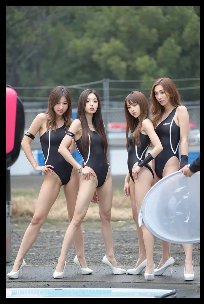 Ultra High Leg、Ultra-thin high-leg black swimsuit、Breast augmentation、Tight swimsuit、Stiletto heels、Survival Swimsuit Black、Sexy body lines、Shiny black competitive swimsuit、high resolution