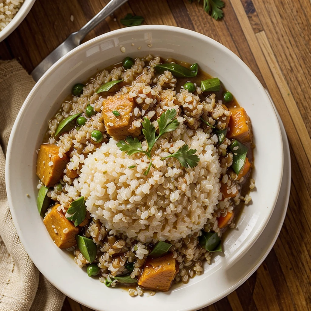 Make me a plate of rice with quinoa stew and be realistic 