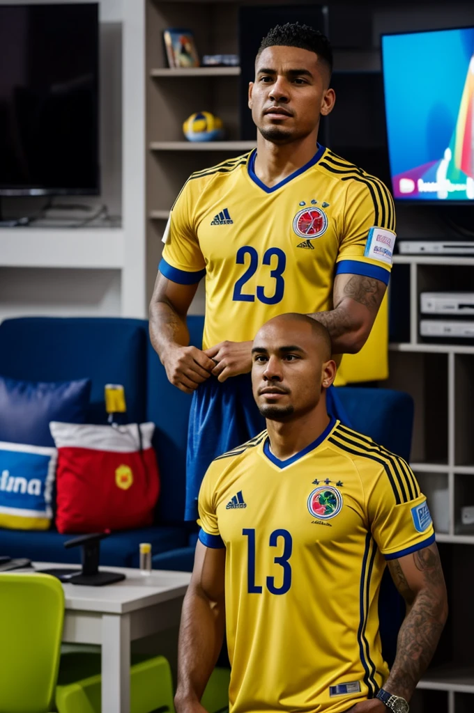 Man with the Colombian national team shirt, with number 23 and with the name JARVI, watching the game on television