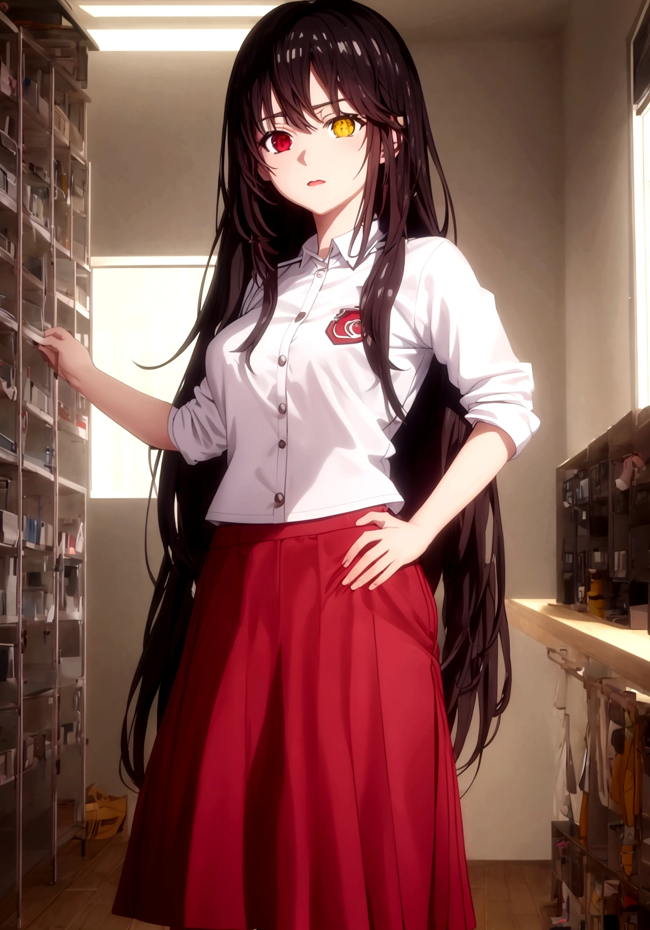 ultra-detailed,highly detailed,best quality,masterpiece,illustration, 
The image features an anime-style character with long, dark hair and heterochromatic eyes—one red and one yellow. The character is wearing a white sports shirt with red accents and a matching red skirt. The setting appears to be a locker room or a sports equipment room, as there are clothes and uniforms hanging in the background. The character's pose, with hands on hips and a slightly tilted head, suggests confidence or curiosity. The lighting is soft, casting gentle shadows and giving the scene a somewhat realistic touch despite its animated nature.