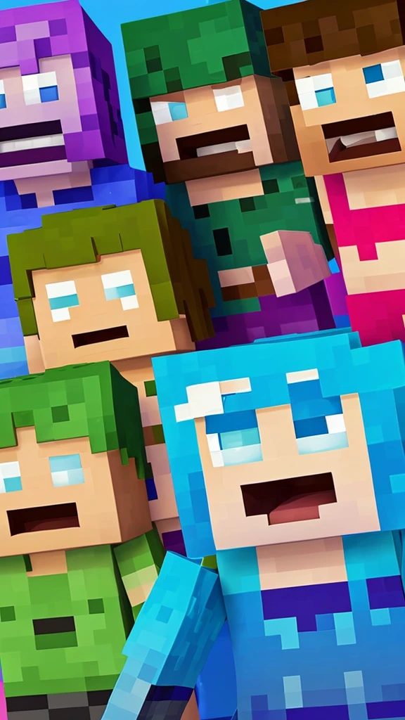 Background with two characters , a mermaid and steve, Minecraft creeper , where an environment comes to light according to those 3 characters but separately , with happy colors , striking and pasteurized tridi, of very good quality and that is for children's taste, but respecting, the division of both characters