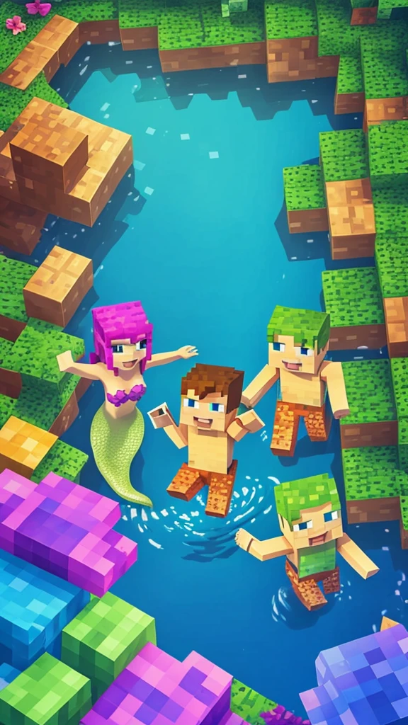 Background with two characters , a mermaid and steve, Minecraft creeper , where an environment comes to light according to those 3 characters but separately , with happy colors , striking and pasteurized tridi, of very good quality and that is for children's taste, but respecting, the division of both characters