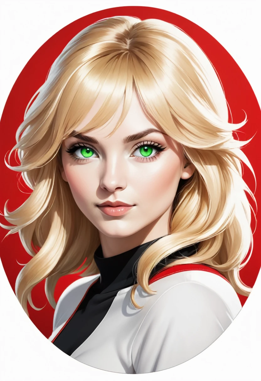 red colored circular logo, black and white avatar of a woman with blonde hair and caucasian skin, green eyes, Russian looking, with white background