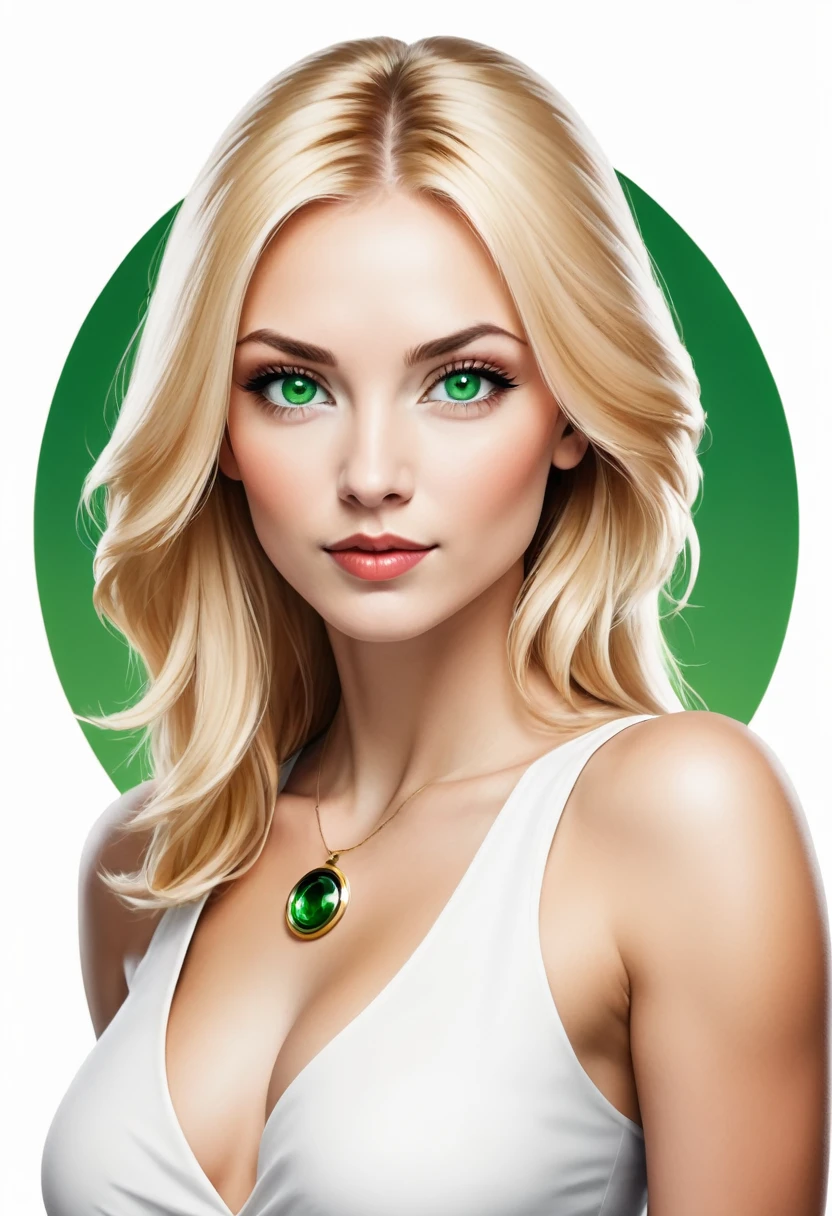 red colored circular logo, black and white avatar of a woman with blonde hair and caucasian skin, green eyes, Russian looking, with white background