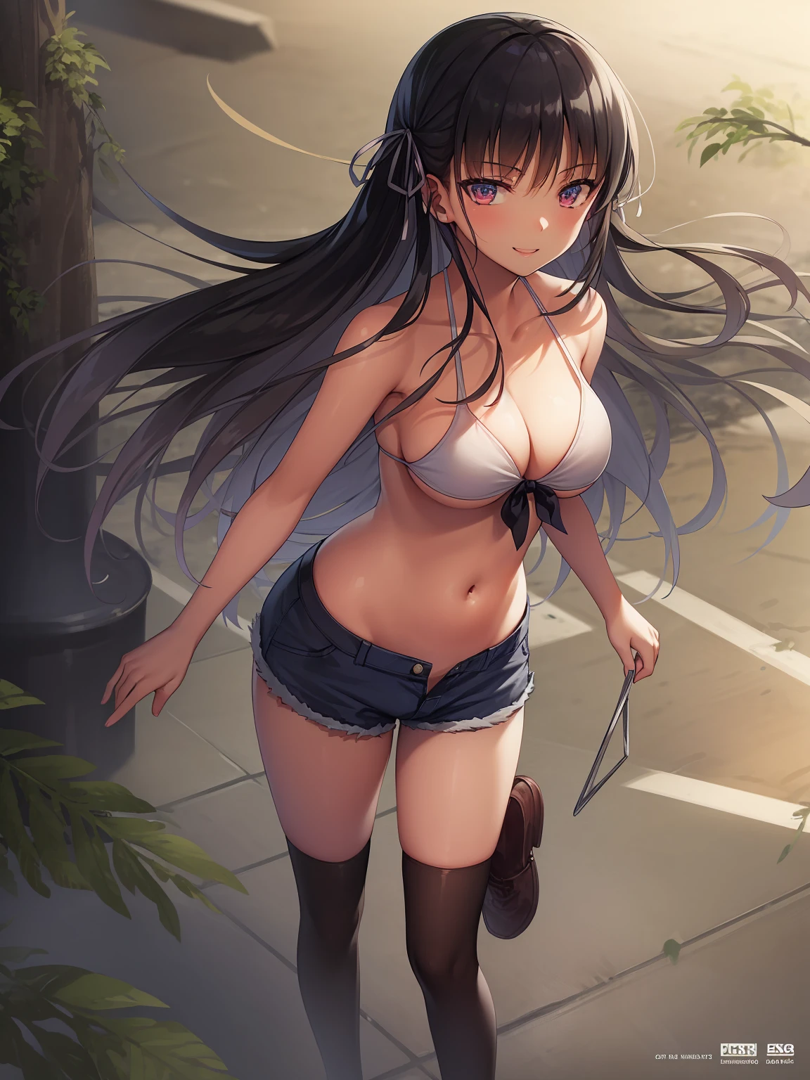 (8K, Highest quality, Highest quality, masterpiece), standing, 1girl, solo girl, only 1 girl)), fullbody, solo, cowboy shot, aasuzune, long hair, black hair, hair loose in the wind, leafs in the air, (dusk), micro-bikini top, white bikini, black thighhighs, ((smile)), (Shorts, denim shorts), outdoors, large breasts, cleavage, underboob