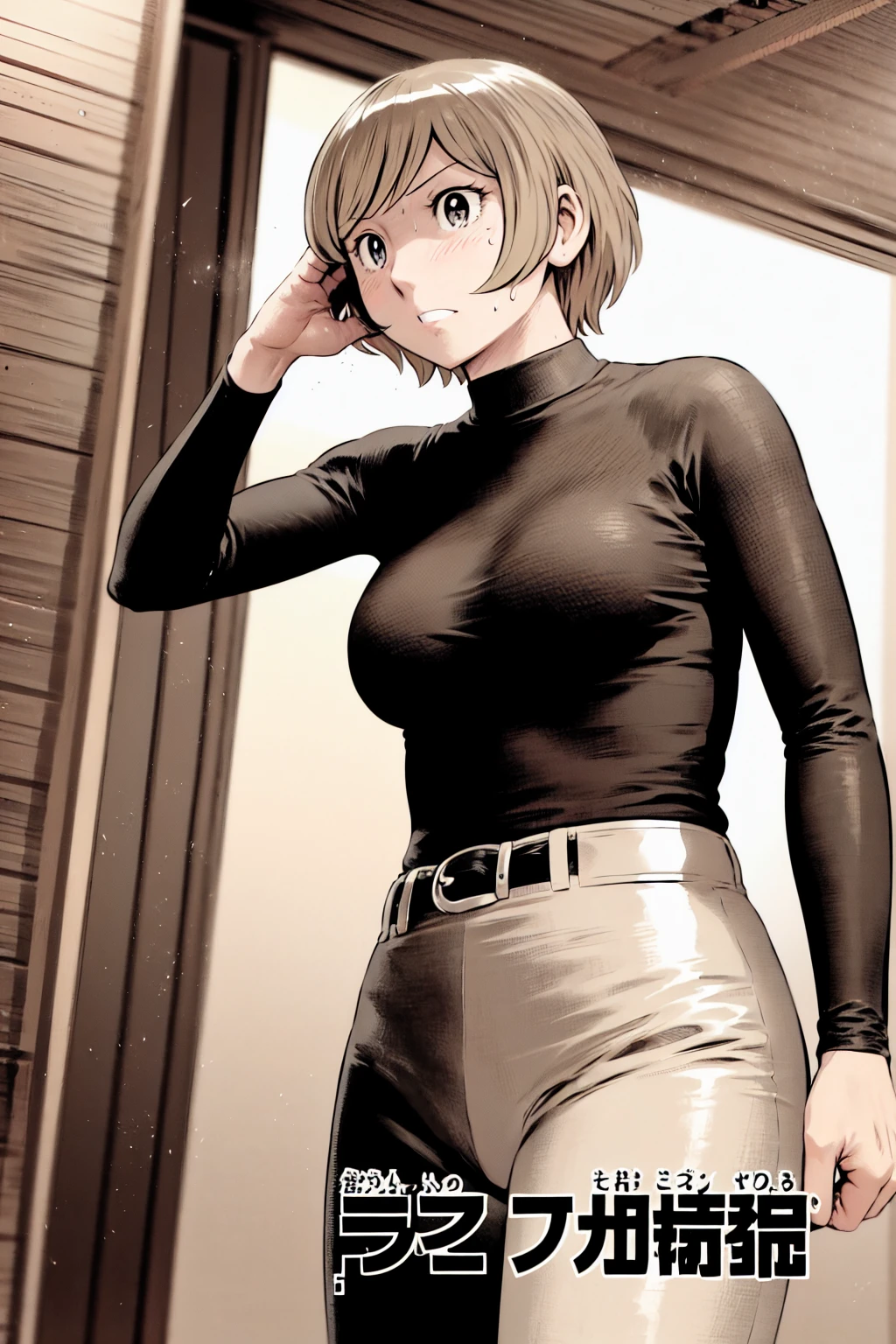 、(masterpiece、Highest quality)、Highest quality, Ultra-high resolution, (((masterpiece))), alone, Sweat、Big eyes,Tight black shirt、Tight white pants、belt、indoor、Composition from the front、（後ろCut your hair short、short hair、blonde、woman）、Shortcuts、Embarrassed face、Cut your hair short、可愛いwomanの子、Big Breasts、office