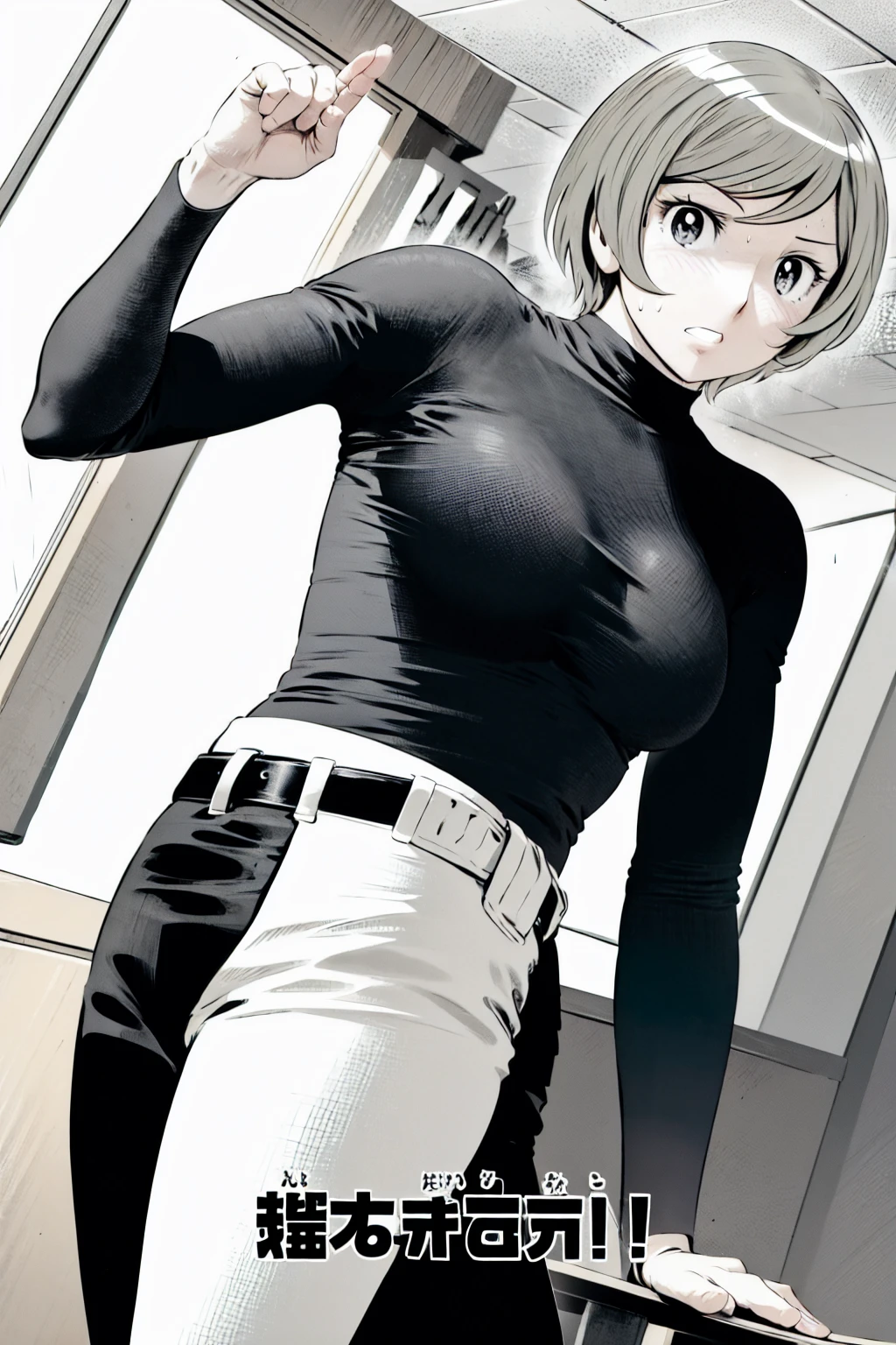 、(masterpiece、Highest quality)、Highest quality, Ultra-high resolution, (((masterpiece))), alone, Sweat、Big eyes,Tight black shirt、Tight white pants、belt、indoor、Composition from the front、（後ろCut your hair short、short hair、blonde、woman）、Shortcuts、Embarrassed face、Cut your hair short、可愛いwomanの子、Big Breasts、office