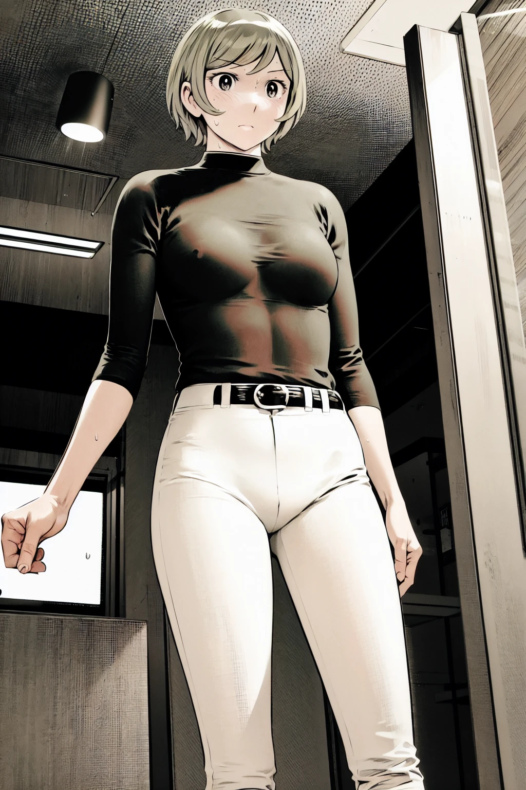 、(masterpiece、Highest quality)、Highest quality, Ultra-high resolution, (((masterpiece))), alone, Sweat、Big eyes,Tight black shirt、Tight white pants、belt、indoor、Composition from the front、(後ろCut your hair short、short hair、blonde、woman)、Shortcuts、Embarrassed face、Cut your hair short、可愛いwomanの子、Big Breasts、office
