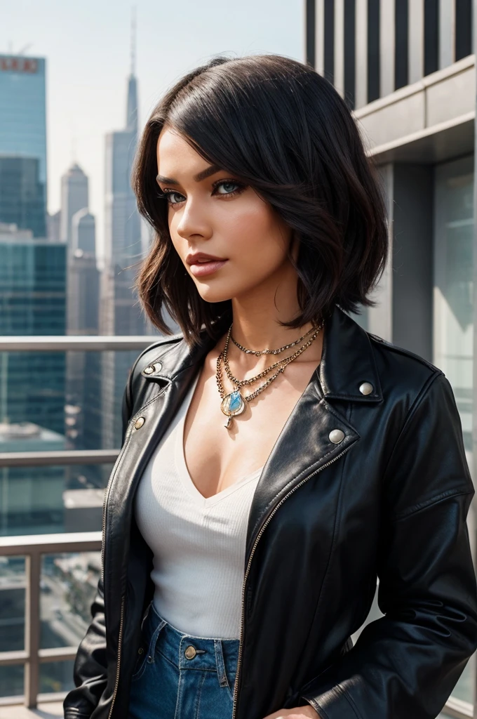 Generate a detailed character design of a transgender woman protagonist. She is in her mid-20s, with a confident and charismatic demeanor. Her style blends modern fashion with a touch of vintage flair, showcasing her unique personality. Her hair is styled in a chic bob, and she wears a statement necklace that symbolizes her strength and resilience. The background suggests a futuristic cityscape, hinting at her role as a leader in a world where diversity and acceptance are central themes