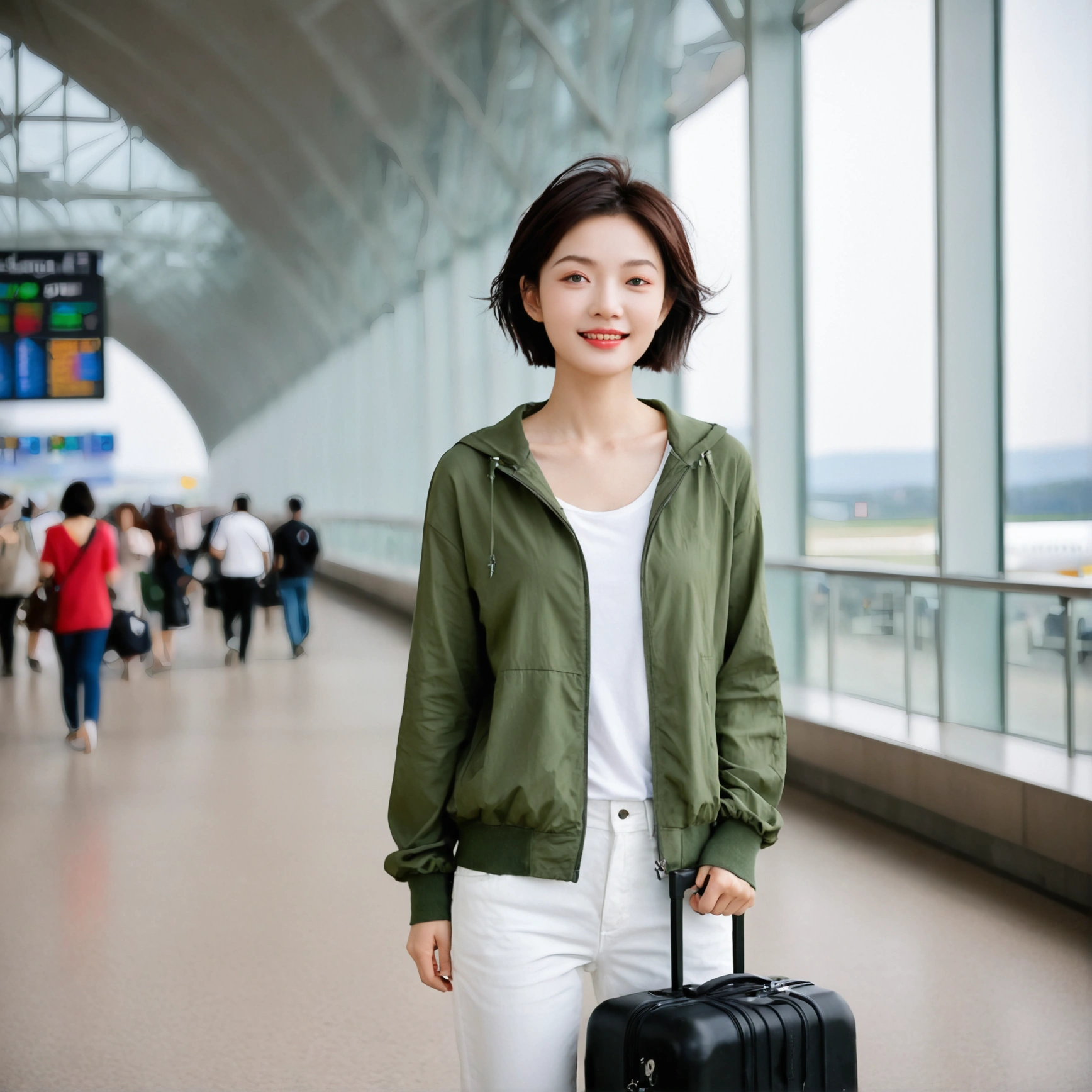 beautiful korean girl , 32 inch chest size, Your eyes are big and pretty. Short in stature. Standing in the departure hall of the airport. . short medium hair, Standing in line at the departure hall of Frankfurt Airport, Germany. He wore a white shirt, a green jumper, and white casual pants.s.Dragging a suitcase. short medium hair, short height, Full body shot with Canon camera 16-35 wide angle lens, short medium hair. expressionless, uhd