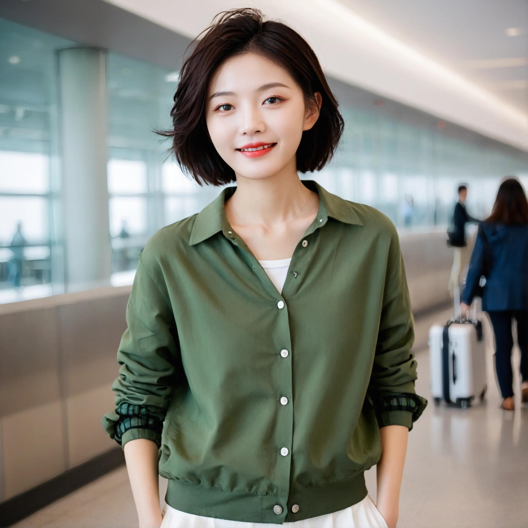 beautiful korean girl , 32 inch chest size, Your eyes are big and pretty. Short in stature. Standing in the departure hall of the airport. . short medium hair, Standing in line at the departure hall of Frankfurt Airport, Germany. He wore a white shirt, a green jumper, and white casual pants.s.Dragging a suitcase. short medium hair, short height, Full body shot with Canon camera 16-35 wide angle lens, short medium hair. expressionless, uhd