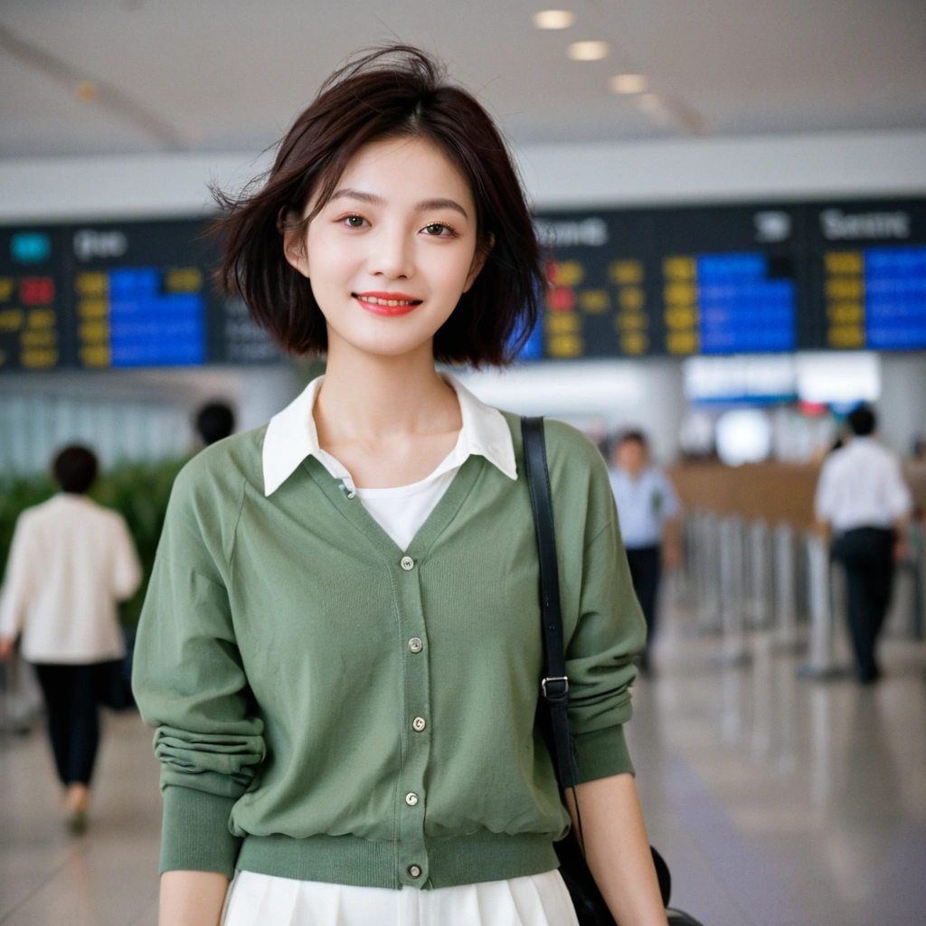 Full-body shot of a young Japanese woman with a captivating smile, medium: photography, style: a blend of candid street photography and high-fashion editorial, lighting: ambient airport lighting with soft overhead fluorescents, colours: neutral tones of the airport contrasted with the vibrant attire of the woman, composition: Sony A7R IV mirrorless camera, FE 24-70mm f/2.8 GM lens, resolution: 61 megapixels, ISO sensitivity: 800, shutter speed: 1/160 second, depth-of-field that crisply captures the woman while giving a hint of bustling airport activity in the background