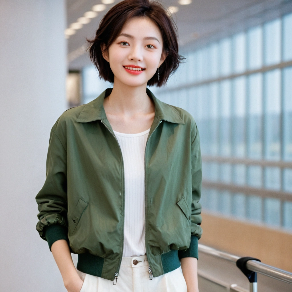 beautiful korean girl , 32 inch chest size, Your eyes are big and pretty. Short in stature. Standing in the departure hall of the airport. . short medium hair, Standing in line at the departure hall of Frankfurt Airport, Germany. He wore a white shirt, a green jumper, and white casual pants.s.Dragging a suitcase. short medium hair, short height, Full body shot with Canon camera 16-35 wide angle lens, short medium hair. expressionless, uhd