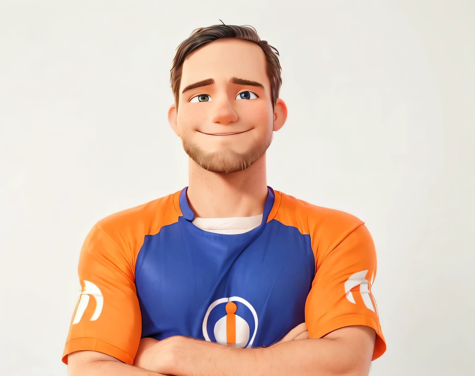 white male, Bblack hair, smiling, crossed arms, short beard, orange and blue shirt.
