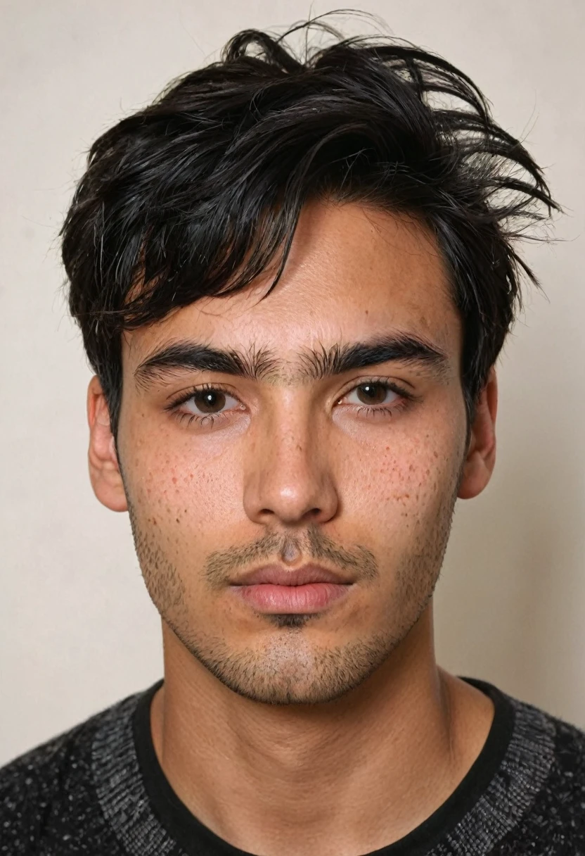a young man, appearing to be around 25 years old. He has black hair, short and slightly messy at the front, with some strands falling over his forehead. His skin shows signs of dermatological irritation, with visible redness in the forehead area, especially between the eyebrows and nose, as well as red spots on the cheeks and jaw.

His face is symmetrical, with well-defined facial features. He has large, dark eyes, thick, contoured eyebrows, and a straight nose. His lips are medium in size, and he has stubble, indicating that he has not shaved recently.
