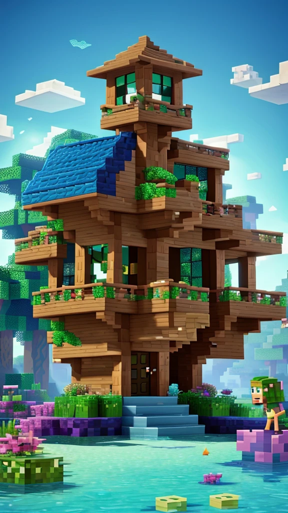 Background with two characters , a mermaid and steve, Minecraft creeper , where an environment comes to light according to those 3 characters but separately  , with happy colors , striking and pasteurized tridi, of very good quality and that is for children&#39;s taste, but respecting, the division of both characters