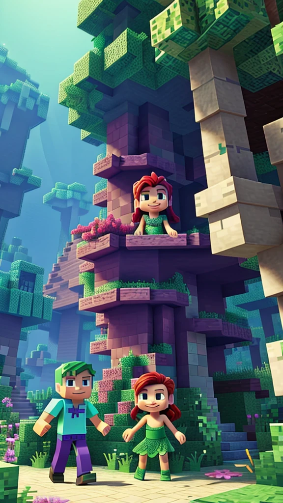 Background with two characters , a mermaid and steve, Minecraft creeper , where an environment comes to light according to those 3 characters but separately  , with happy colors , striking and pasteurized tridi, of very good quality and that is for children&#39;s taste, but respecting, the division of both characters