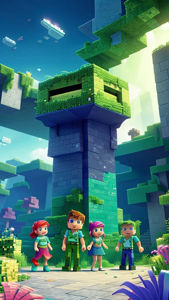 Background with two characters , a mermaid and steve, Minecraft creeper , where an environment comes to light according to those 3 characters but separately  , with happy colors , striking and pasteurized tridi, of very good quality and that is for children&#39;s taste, but respecting, the division of both characters