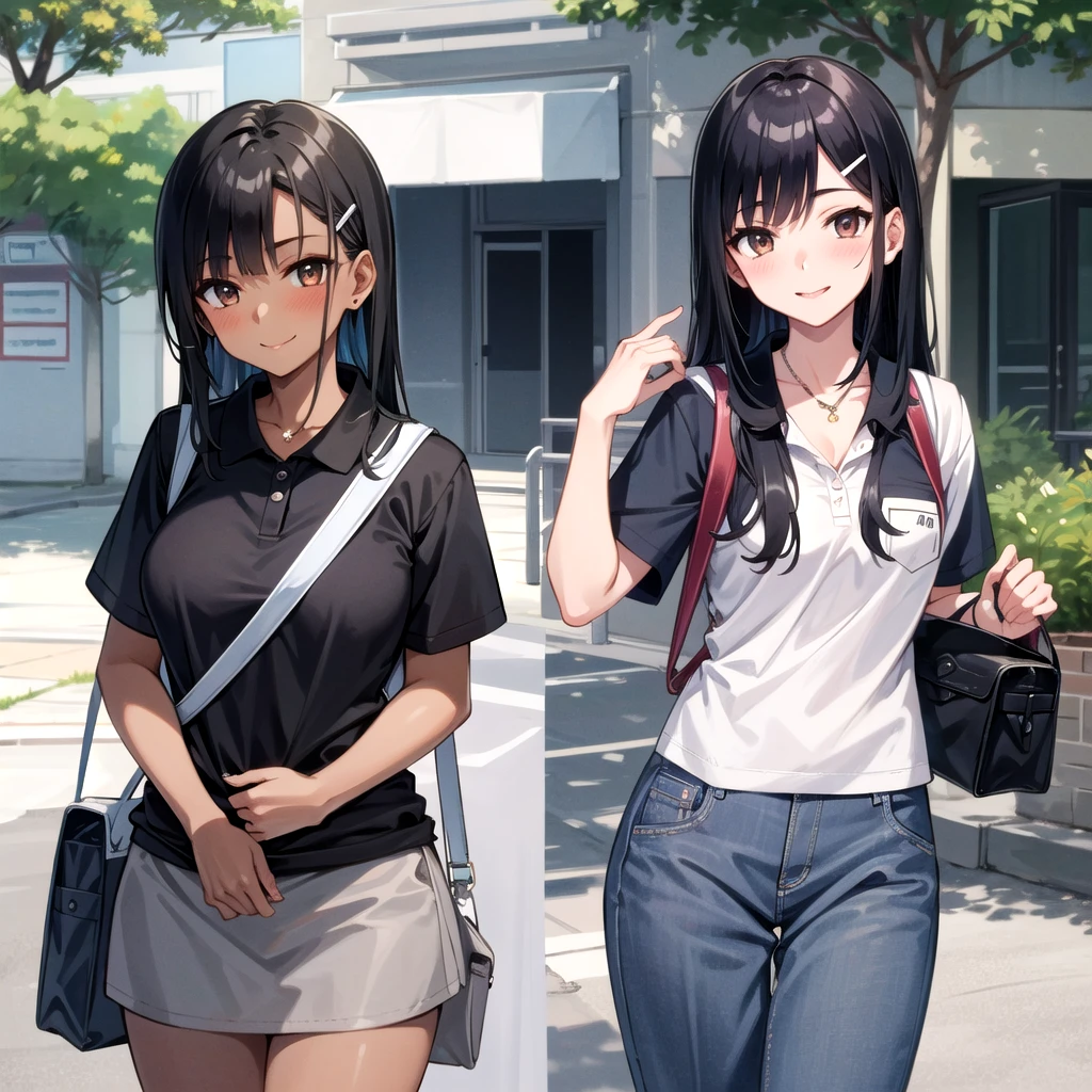 ((best quality)), ((masterpiece)), (details), one girl, sexy ((best quality)), ((masterpiece)), (details), one girl, sexy ((best quality)), ((masterpiece)), (details), one girl, full body, sexy expensive body, expensive, long legs, mature woman, mature, adult, it_nagatoro_main, Hayase Nagatoro, one girl, blushing, alone, uniform polo shirt, short sleeves, black hair, bag, brown eyes, hair accessory, looking at viewer, hair clip, outdoors, backpack, smiling, long hair, dark skinned woman, dark skin, , bangs, daytime, skirt, collared shirt, collarbone, ear clip, mouth closed, tree, asymmetrical bangs, upper body