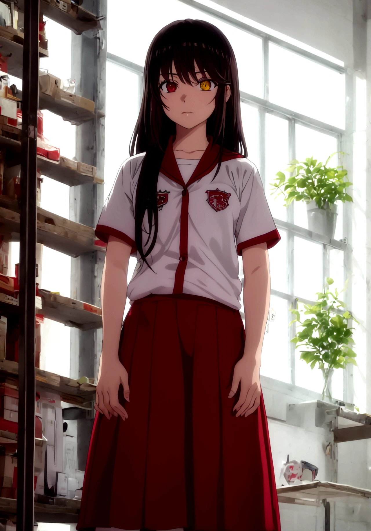 ultra-detailed,highly detailed,best quality,masterpiece,illustration, 
The image features an anime-style character with long, dark hair and heterochromatic eyes—one red and one yellow. The character is wearing a white sports shirt with red accents and a matching red skirt. The setting appears to be a locker room or a sports equipment room, as there are clothes and uniforms hanging in the background. The character's pose, with hands on hips and a slightly tilted head, suggests confidence or curiosity. The lighting is soft, casting gentle shadows and giving the scene a somewhat realistic touch despite its animated nature.