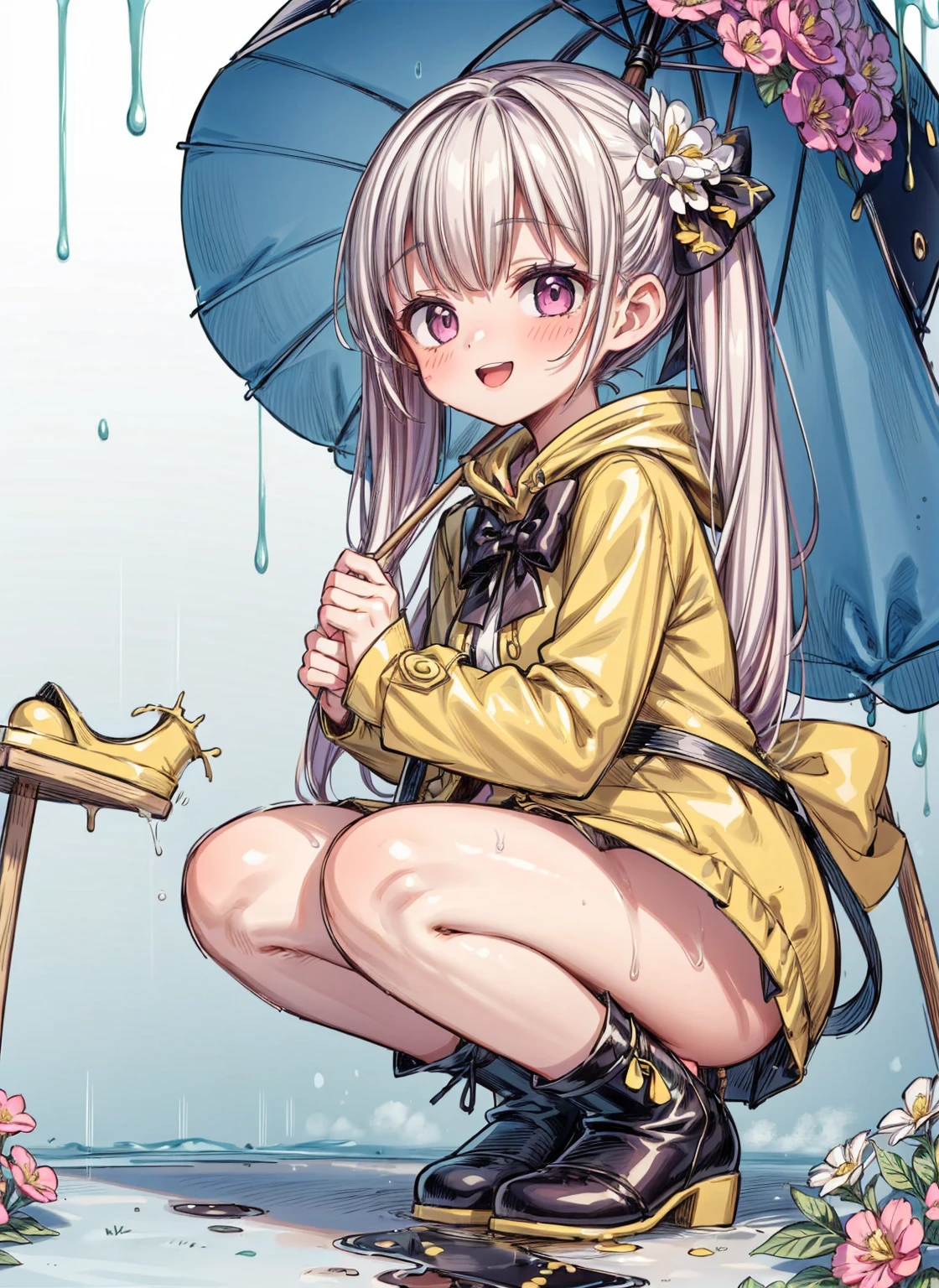 One Girl,rainbow,raincoat,yellow raincoat,rubber Knee-high boots,Hydrangea,flower,Long Hair,Twin tails,Knee-high boots,blush,umbrella,Open your mouth,hair ornaments,Food,alone,Terboz,very Long Hair,Food up,Long sleeve,Low Ponytail,bow,bangs,smile,animal Food,closed umbrella,puddle,Cowboy Shot、squat,:d,Yellow footwear, background,pink flower,Are standing,leaf umbrella,Holding umbrella,food-themed hair ornaments,hair bow,animal ears,Holding,bionde,hair flower,rain,animal,Gray Hair、Light purple eyes、Bob Hair、Laughter、Purple Raincoat、(((((heavy,Girl who pees in front of her)))),((Girl peeing forward、A girl urinating vigorously in front of her、Girl urinating a lot in front)), NSFW,Golden liquid dripping down my legs)