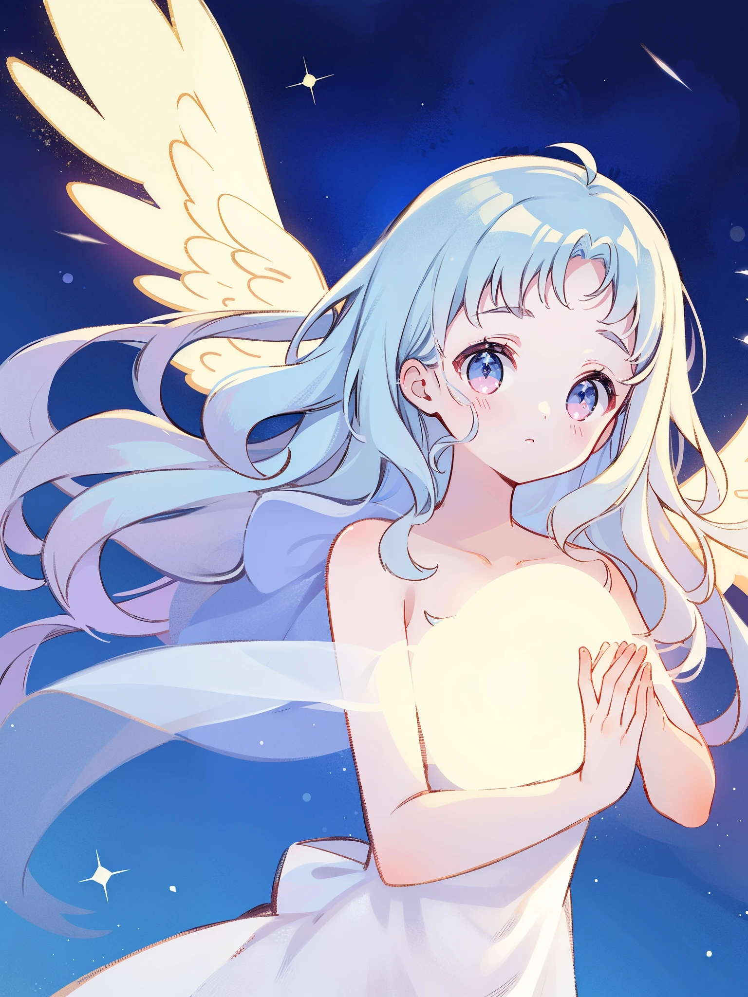 nude angel girl wearing an ethereal translucent dress, pale skin, ((wavy blue hair)), white feathers, angel wings, sparkling detailed eyes, golden ratio face, perfect composition, highly detailed, ethereal, (starry night sky background), midjourney style