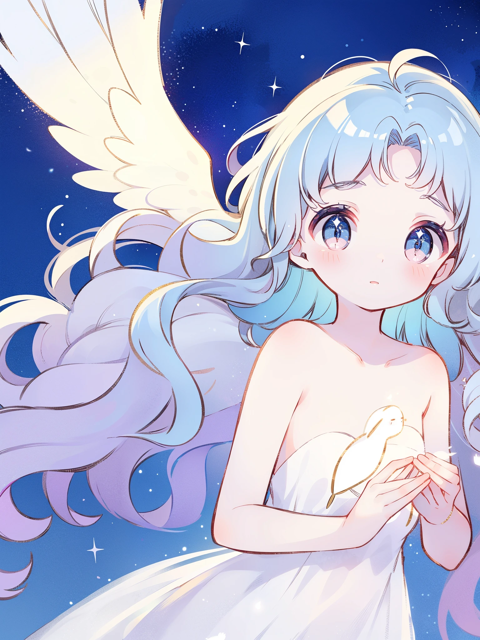 nude angel girl wearing an ethereal translucent dress, pale skin, ((wavy blue hair)), white feathers, angel wings, sparkling detailed eyes, golden ratio face, perfect composition, highly detailed, ethereal, (starry night sky background), midjourney style
