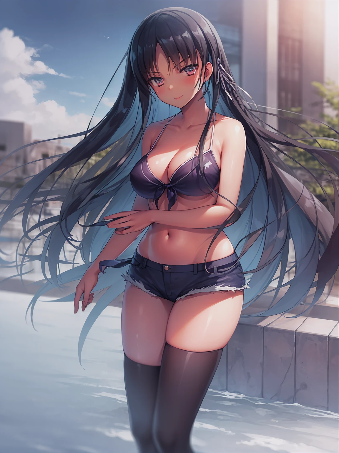 (8K, Highest quality, Highest quality, masterpiece), standing, 1girl, solo girl, only 1 girl)), fullbody, solo, cowboy shot, aasuzune, long hair, black hair, hair loose in the wind, leafs in the air, (dusk), micro-bikini top, white bikini, black thighhighs, ((smile)), (Shorts, denim shorts), outdoors, large breasts, cleavage, underboob