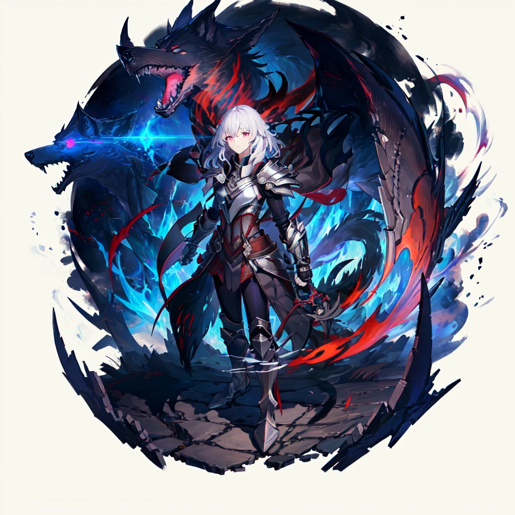 human girl, 1girl, solo, best quality, (extremely detailed CG unity 8k wallpaper), (best quality), (best illustration), (best shadow), absurdres, realistic lighting, (Abyss), beautiful detailed glow, anime, dark sakura, pink eyes, white hair, herrscher, Herrscher of the Void, black armour, Honkai impact, combat, smirk, serious expression, (aura, energy, iron wolf:1.2), (intimidating:1.3), daedric, skyrim, (mythical armor, magic, runic armor, runes:1.22), clear face, attack, warfare, cataclysmic, ragnarok, (standing, looking at viewer:1.44), middle shot