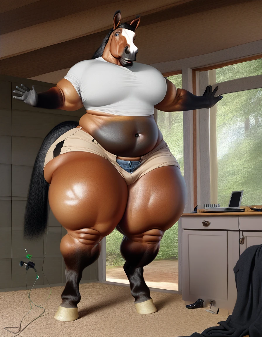 anthro horse, anthro, furry, realistic, photorealistic, inflating, blimphips, blimpthighs, wardrobe_malfunction, male, manly,, score_9 ,expansion, detailed face,