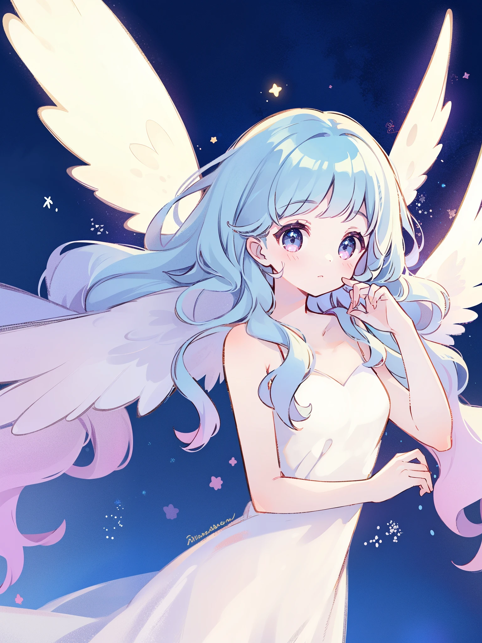 nude angel girl wearing an ethereal translucent dress, pale skin, ((wavy blue hair)), white feathers, angel wings, sparkling detailed eyes, golden ratio face, perfect composition, highly detailed, ethereal, (starry night sky background), midjourney style