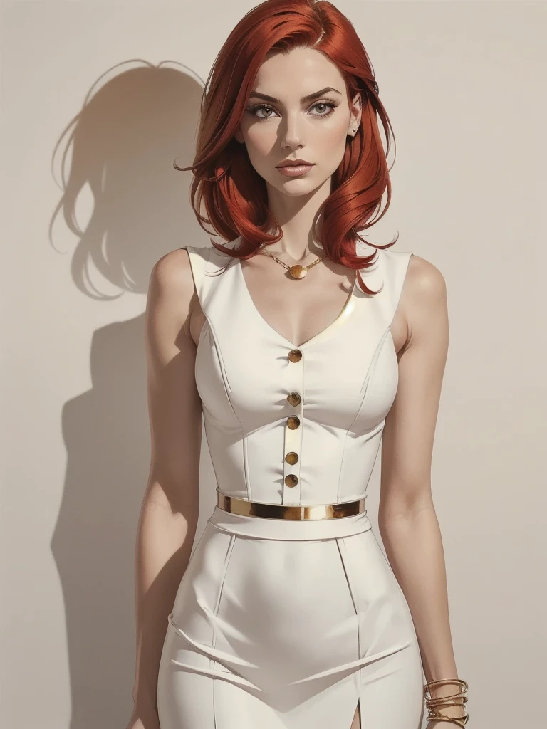 makeup, mascara, simple color palettes, one woman 25 years old, stylish, Clean, sharp designs, flowing silhouettes, Tight skirts, high-waisted pencil skirts, simple button up dresses, buttoned blouses, asymmetrical, geometric, Elegant and luxurious materials and designs, Simple, minimal accessories, gold trim, elegant dress, Slim necklaces and rings in silver or gold, Simple bangles, Distinctive designs, simple silhouettes, chic and mature impression, simple and sophisticated style, elegance, minimalism, high quality materials, cool and urban impression, high fashion, , simplicity and sophistication, plain white dress, chic white dress ((red hair)), ginger hair
