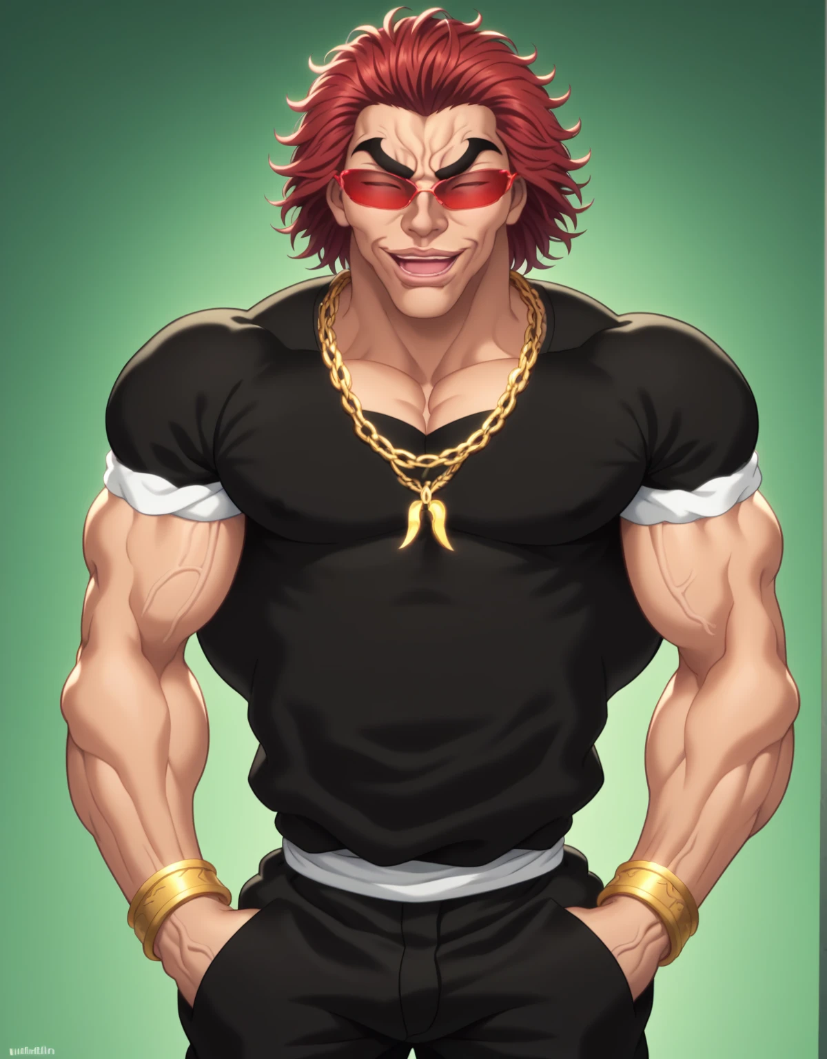 score_9, score_8_up, score_7_up, YujiroHanma, 1boy, male focus, solo, black shirt, chain necklaces, bracelets, gold, sunglasses, red-tinted eyewear, muscular male, black pants, short sleeves, close eyes, red hair, manly, veins, dynamic lighting, extremely detailed, cowboy shot, neutral pose, slouching, hands in pockets, SkylerWhiteYo, lips, mouth open, smile, laugh, very veiny, glare, green background