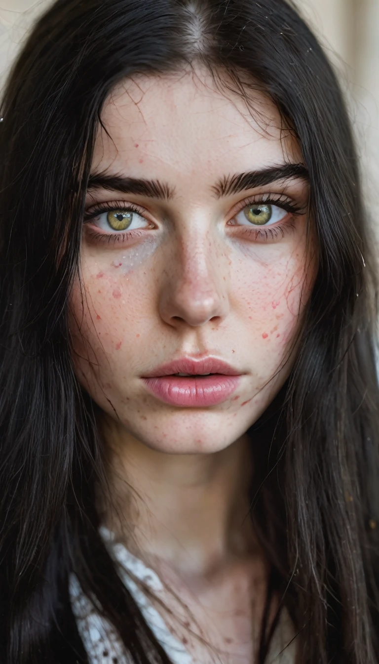 russian girl, yellow eyes, amber eyes, black hair, long hair, dark hair, freckles on the face, pale skin, White skin, fringe, fringe, serious face, pink lips, splattered nose, russian woman, beautiful