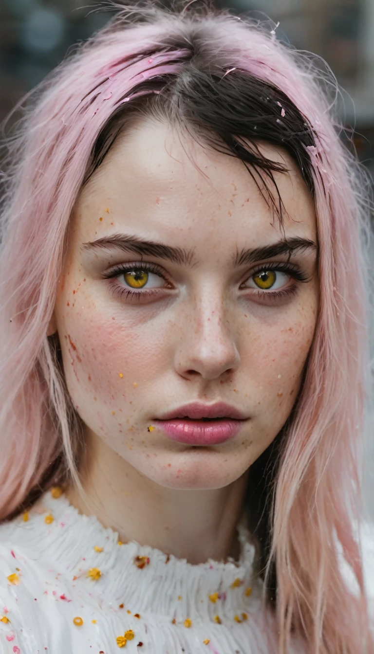 russian girl, yellow eyes, amber eyes, black hair, long hair, dark hair, freckles on the face, pale skin, White skin, fringe, fringe, serious face, pink lips, splattered nose, russian woman, beautiful